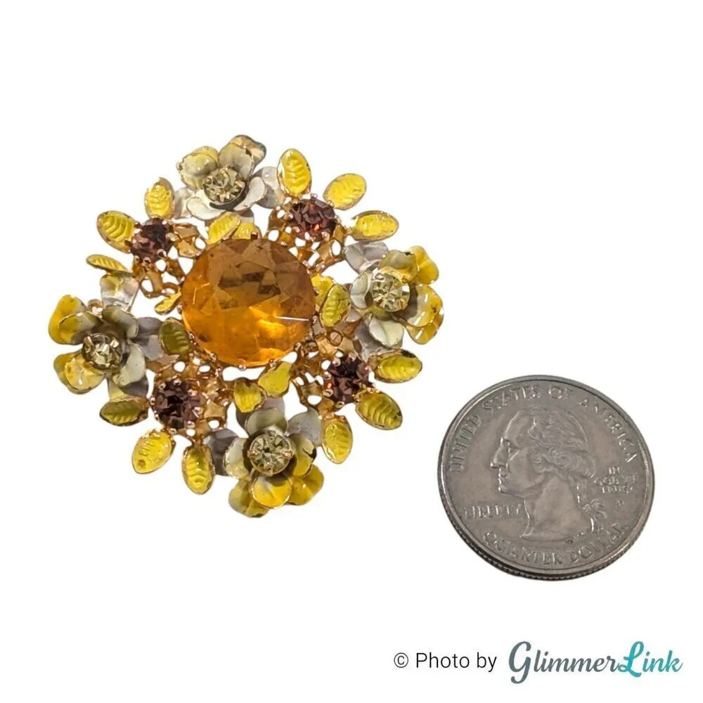 Vintage Austria Floral Yellow Enamel Orange Topaz Glass Crystal Gold Tone Brooch